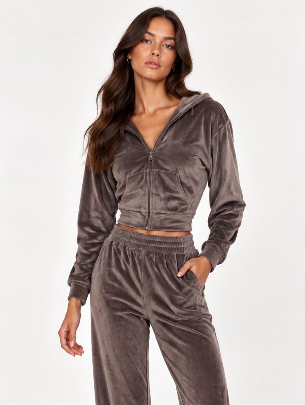 Skims Velour Brown Cropped Zip Up Hoodie Size L